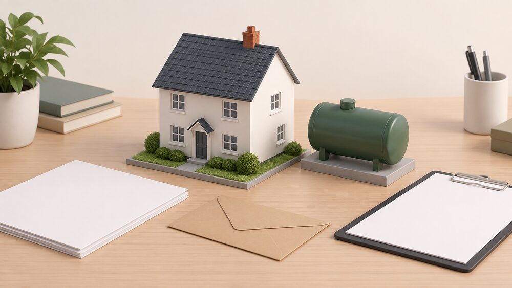 A small model of a detached house stands on a desk beside a miniature domestic oil storage tank on a small plinth, with blank paperwork, a sealed envelope and a clipboard arranged in front of them, suggesting housing stock data being compiled.