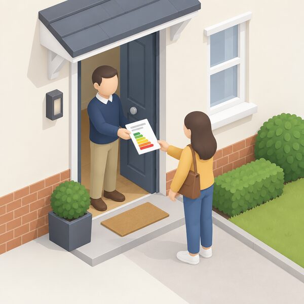 A landlord standing at the doorway of a house hands a printed EPC certificate sheet to a prospective tenant, who reaches out to take it, with the home's simple exterior and front door shown in the background.