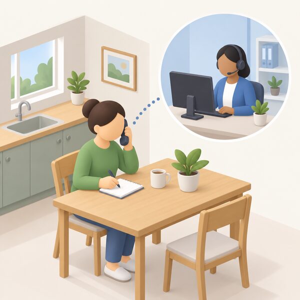 A simplified householder sits at a kitchen table at home holding a phone to their ear, taking notes on a pad, while on the other end an adviser at a plain desk with a headset and a screen gives independent energy advice over the phone.