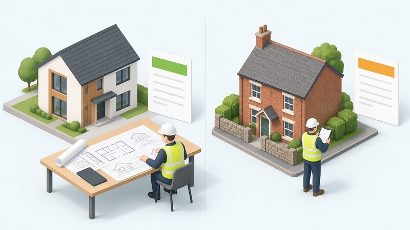 A split scene showing a new-build house on the left where an assessor works from a full set of detailed drawings on a table, and an older existing dwelling on the right where an assessor surveys it directly, each with a certificate sheet showing a plain colour band, the two methods clearly separated.