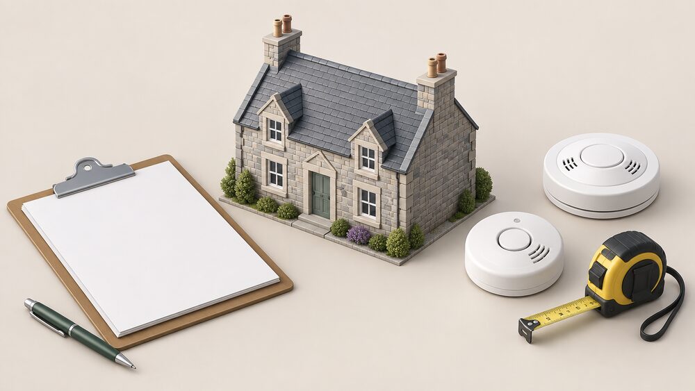 A small model of a stone Scottish cottage sits on a surveyor's desk beside a clipboard with blank survey sheets, a tape measure, and a round carbon monoxide alarm and a smoke alarm lying nearby, representing a house condition survey inspection.