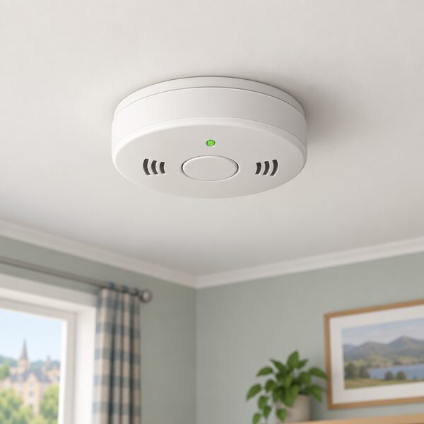 A round carbon monoxide alarm mounted on the plain ceiling of a simple domestic room, drawn close up so the alarm is the clear focus, with no wiring or connection to any other alarm, showing a satisfactory detector simply present in a Scottish house.