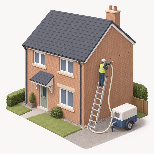 An installer on a ladder at the outer wall of a Scottish home drills small holes into the brickwork while injecting cavity wall insulation, with a hose running from a machine standing on the ground beside the house.