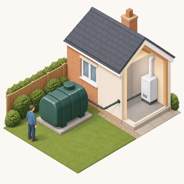 A plastic domestic heating oil tank standing on a slab in a house's back garden, with an oil supply line running from the tank into the house wall to feed the boiler inside, and a small isometric householder standing beside the tank.