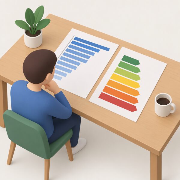 A printed set of local authority tables lying open on a desk, one sheet showing a plain horizontal bar chart of fuel poverty rates for each Scottish council area and a second sheet of energy efficiency rating bands beside it, with a simplified figure comparing the pages.