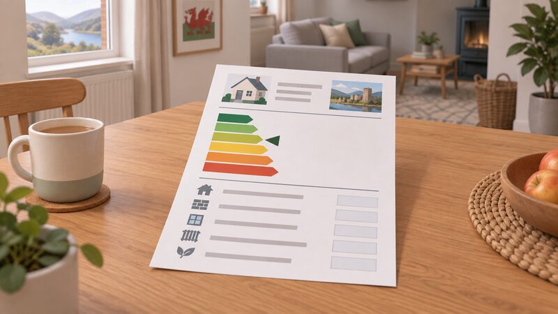A printed EPC certificate lying on a table in an existing Welsh home, showing a coloured A to G rating band chart with a marker on the C band and a list of recommended improvement measures, each with a plain blank cost line beside it.