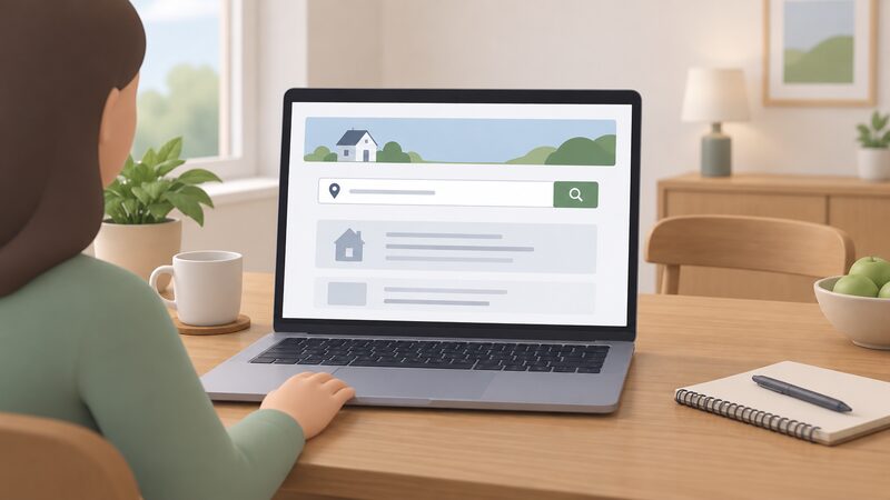 A laptop on a home table showing the EPC register search screen with a postcode entered in the search field, drawn as a physical screen with blank lines and plain blocks so no readable words or figures appear.