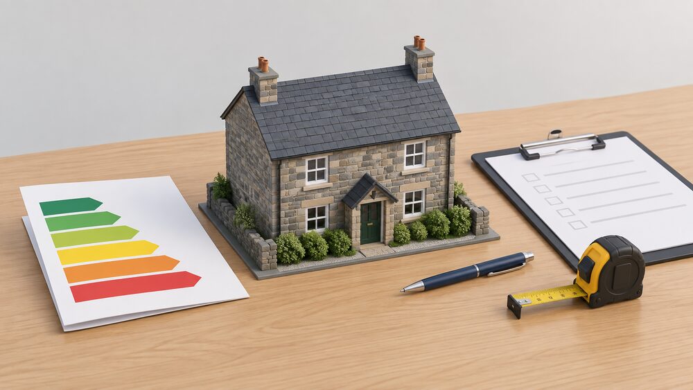 A small model of a Welsh stone house sits on a table beside a folded certificate sheet showing a plain coloured band chart from green through yellow to red, with a clipboard, a pen and a measuring tape resting nearby.