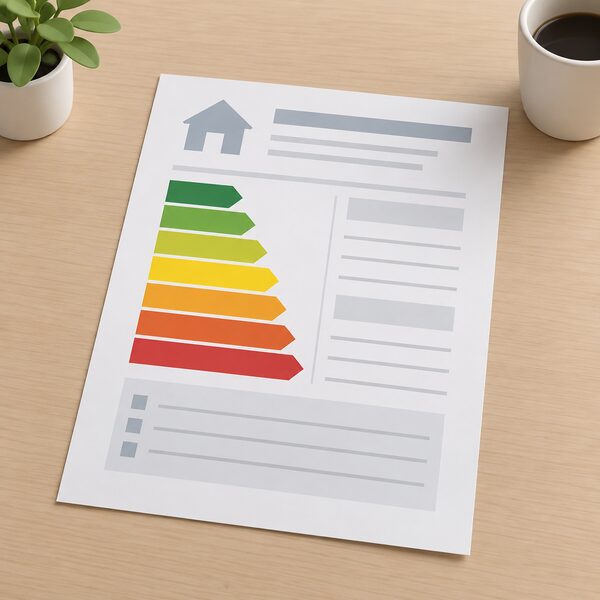 A printed Energy Performance Certificate sheet lying on a table, showing a coloured energy efficiency rating chart with bands A to G as plain colour blocks, with blank lines for costs, emissions and improvement measures.