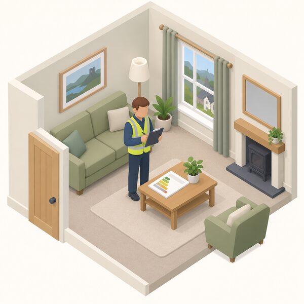 A simplified isometric domestic energy assessor stands inside a Welsh home's living room, holding a clipboard and inspecting the room while a blank EPC certificate document lies on a nearby table, showing the assessment that produces the certificate.