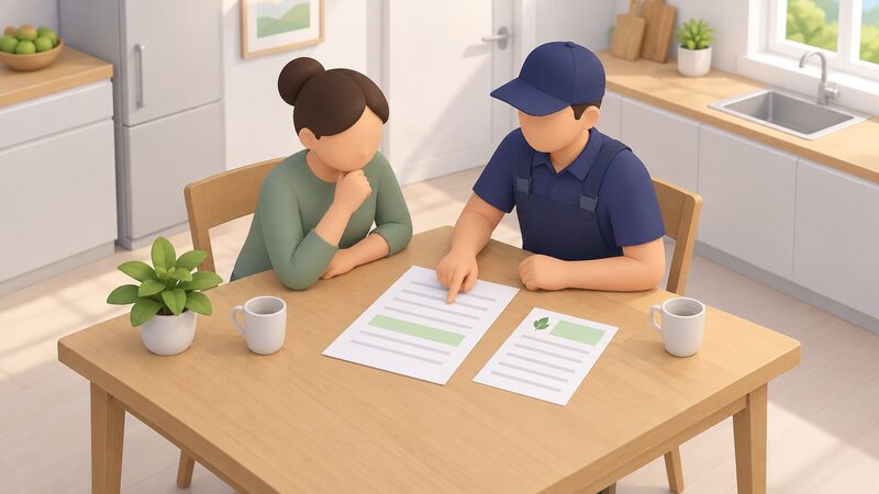 A homeowner and an installer sit at a kitchen table reviewing a printed quotation sheet and a grant voucher, the installer pointing to a line on the quote where the discount has been applied, with no money or cheque shown.