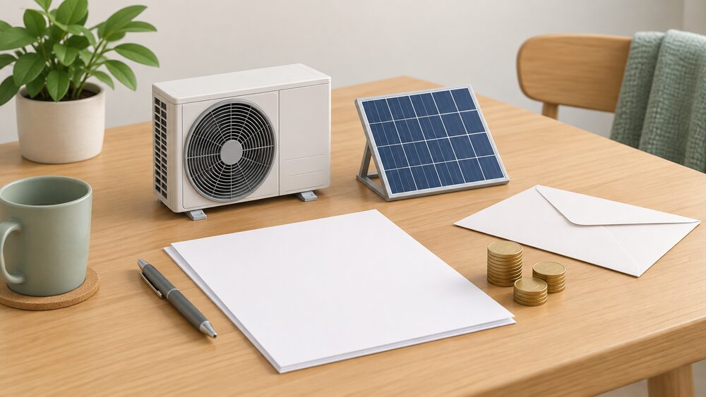 A small model of an air source heat pump unit and a miniature solar panel stand on a kitchen table beside blank quotation paperwork, a plain envelope and a small stack of coins, suggesting a household comparing installation costs and grant support.