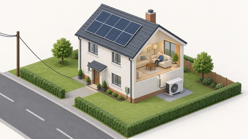 An isometric view of a single house with solar PV panels on the pitched roof and an air-source heat pump outdoor unit on the ground beside an external wall, with a cable running from the unit into the house and a grid supply cable arriving from the street.
