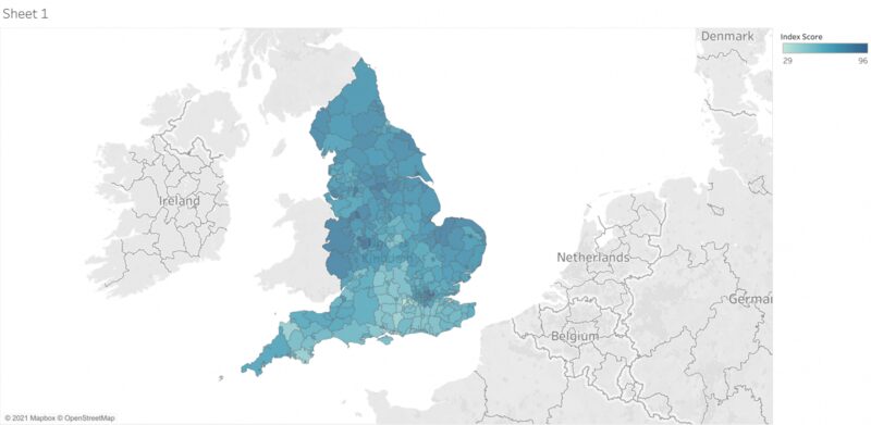 A colour-coded map of England showing fuel poverty index scores by area, with a legend labelled Index Score