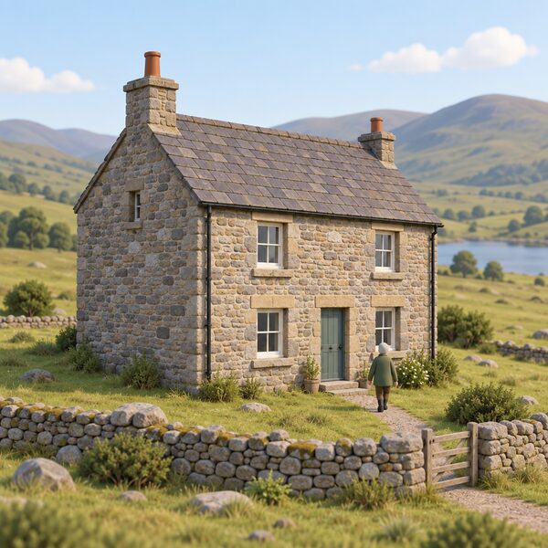 An older rural stone cottage with solid, uninsulated walls, a chimney and no solar panels, standing alone in open countryside with hills behind, shown as a simple exterior view representing the inefficient dwellings that push local fuel poverty rates higher.