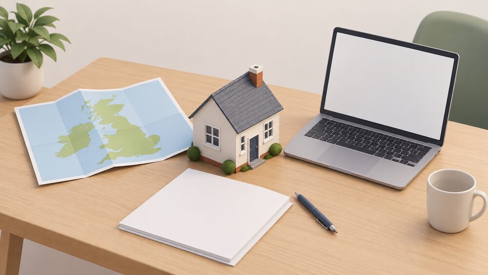 A small model house sits on a table beside blank official-looking paperwork, a laptop with a blank screen, and a folded paper map of the UK, suggesting a household looking up the fuel poverty rate for their own local area.