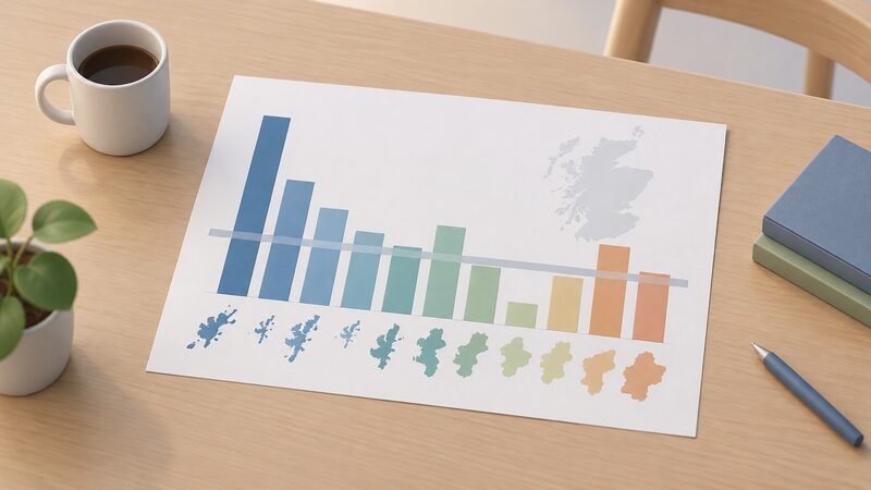 A printed bar chart sheet lying on a table, comparing fuel poverty rates across Scottish local authorities, with plain unlabelled bars of varying heights including one tallest bar and one shortest bar, plus a plain band marking a national average line.