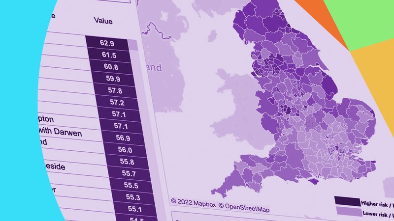 A colour-coded map of England and Wales showing fuel poverty risk by area, alongside a ranked table of values