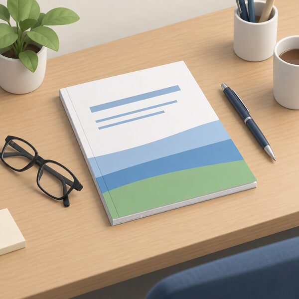 A printed annual fuel poverty statistics report lying closed on a wooden office desk, its cover showing plain colour bands and blank title lines with no readable words, beside a pen and a pair of reading glasses, with a small potted plant at the desk edge.