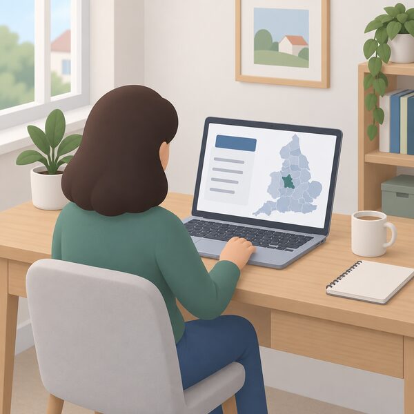 A householder at a home desk viewing the ONS Explore local statistics service on a laptop screen, where a simplified map of England shows their local authority area highlighted in plain colour among plain regions, with blank lines standing in for the fuel poverty rate.