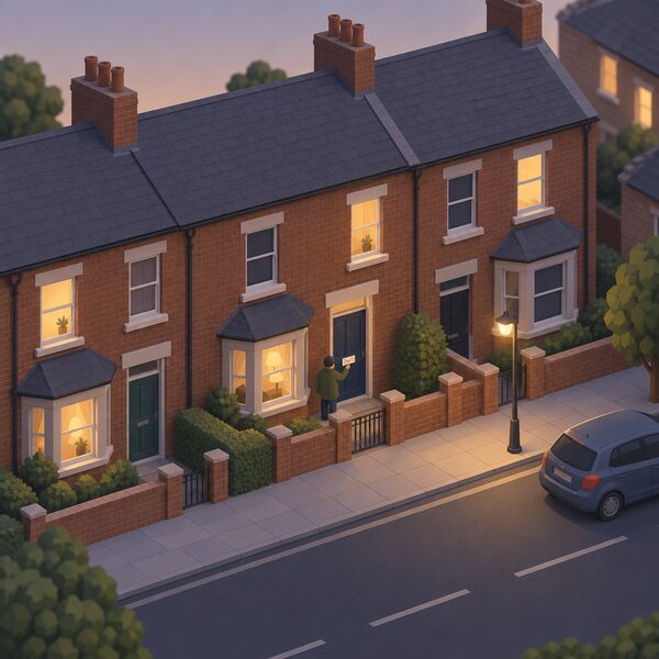 A quiet UK residential street of ordinary terraced and semi-detached brick homes at dusk, warm light glowing in some windows while others sit dark, with a simplified isometric figure posting a letter through one front door, conveying everyday households facing fuel poverty.
