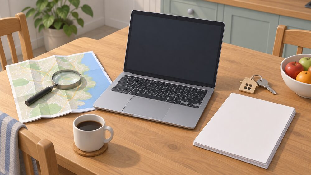 A small tabletop arrangement showing the moment of looking up a local area's fuel poverty rate: a laptop with a blank screen sits centrally beside a folded paper map of a region, a magnifying glass resting on it, a blank printed report, and a house-shaped keyring, all on a kitchen table.