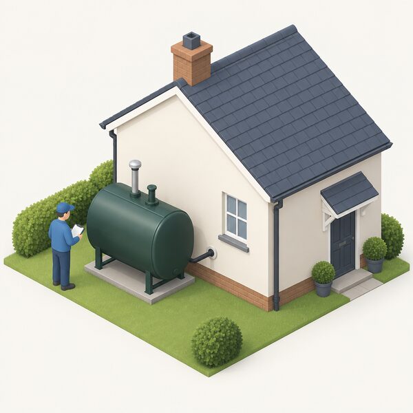 A small isometric house with an oil storage tank on a stand outside its side wall, a fill pipe and vent on the tank, an oil supply line entering the house wall, and a simplified figure standing by the tank checking it, with no gas connection shown.