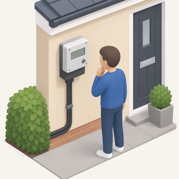A close view of a domestic electricity meter mounted on an exterior house wall, its display shown as a plain blank panel, with a simplified isometric figure of a householder standing beside it reading the meter.