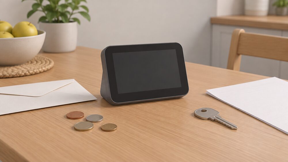 A small in-home energy display standing on a kitchen table beside a plain envelope, a few loose coins and a blank sheet of paperwork, with a house key resting nearby.