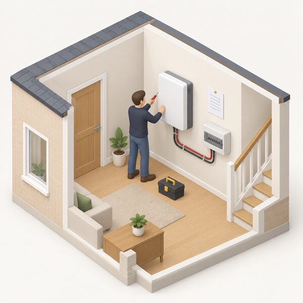 An isometric cutaway of a home interior showing a certified installer in plain clothing fixing a rectangular wall-mounted domestic battery unit to an inside wall, with cabling running from the battery to a consumer unit and a small MCS certificate document pinned nearby shown only with blank lines.