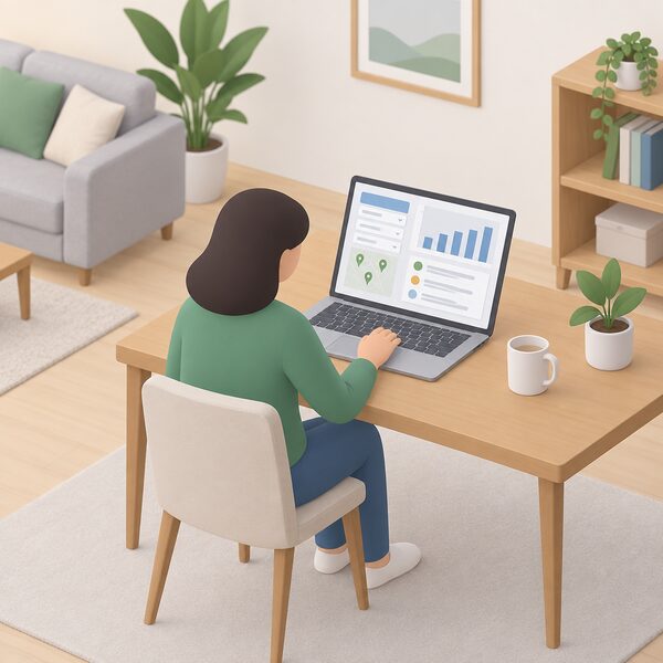 A householder seated at a table in a home living room using a laptop, its screen showing a simplified dashboard with plain bar charts and filter panels, no readable words or numbers.