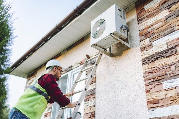 A technician in a hi-vis vest and hard hat on a ladder installing an air source heat pump unit on an exterior house wall
