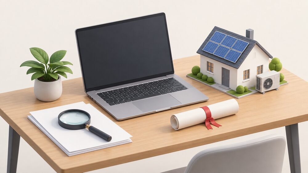 A laptop with a blank screen sits on a table beside a small model house with solar panels on its roof and a tiny heat pump unit at its side, with a rolled certificate tied with ribbon and a magnifying glass laid on blank paperwork in front of the laptop.