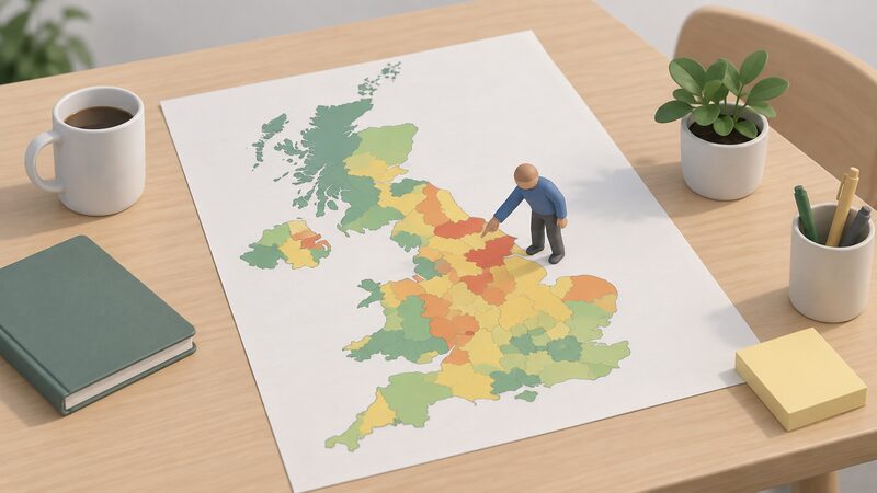 A printed map of the UK lying on a table, its local authority areas shaded in plain colour bands by certified installations per household, with a small simplified figure pointing to one shaded region.