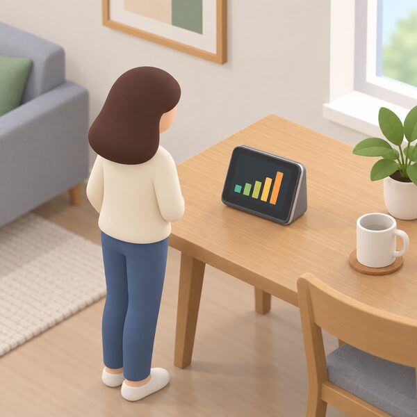 A smart meter in-home display standing on a household table, its screen showing a simple bar graph of current electricity use, with a small isometric figure glancing at it, drawn as an everyday consumer energy data tool in a plain home setting.