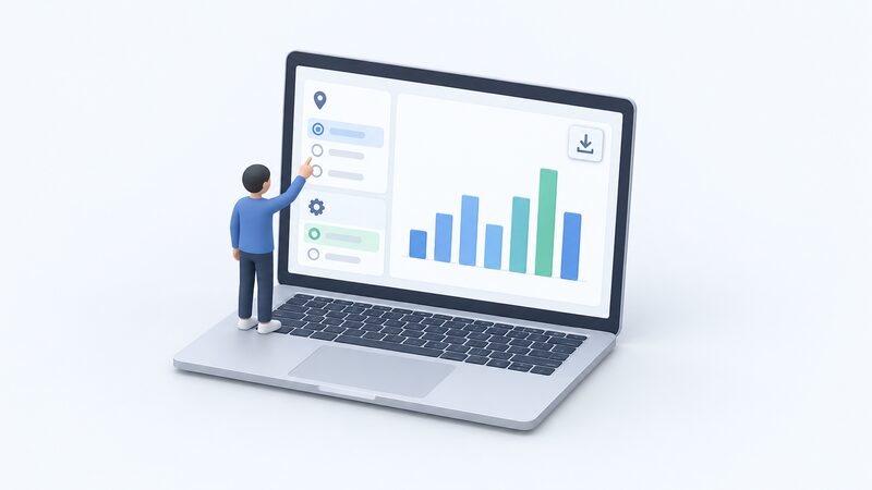 A laptop screen showing a dashboard chart with plain filter panels for location and technology type beside it, one panel highlighted as a small simplified figure selects options, with an export icon on the chart ready to download it as an image or data file.