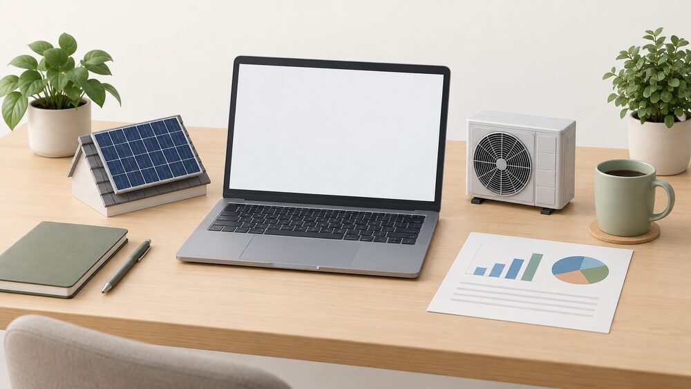 A laptop with a blank screen on a table, with a small model of a rooftop solar panel and a small model of an air source heat pump fan unit standing beside it, next to a printed chart printout and a mug.