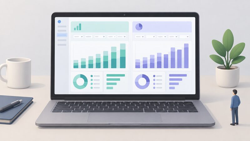 A laptop screen showing a dashboard webpage split into two labelled panels, one for installations and one for the scheme, each with a row of dropdown filter controls above plain colour-blocked charts and blank bars carrying no readable words or numbers.