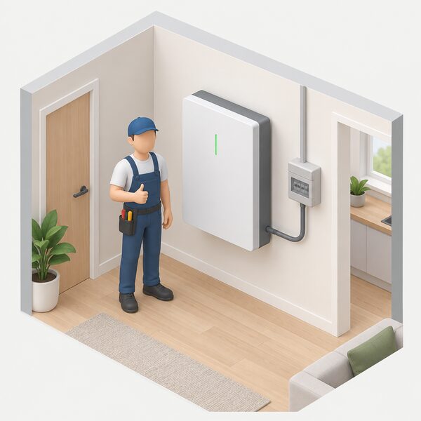 A wall-mounted domestic battery storage unit inside a home, shown as a plain rectangular cabinet fixed to an interior wall with a cable running from it into the household electricity supply, with a simplified isometric figure of an installer standing beside it having just completed the connection.