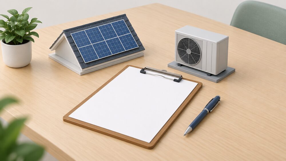 A small arrangement on a table of a blank installation certificate on a clipboard, a pen beside it, and a miniature model of a rooftop solar panel and a small heat pump unit standing next to the paperwork, suggesting a certified renewable installation being recorded.
