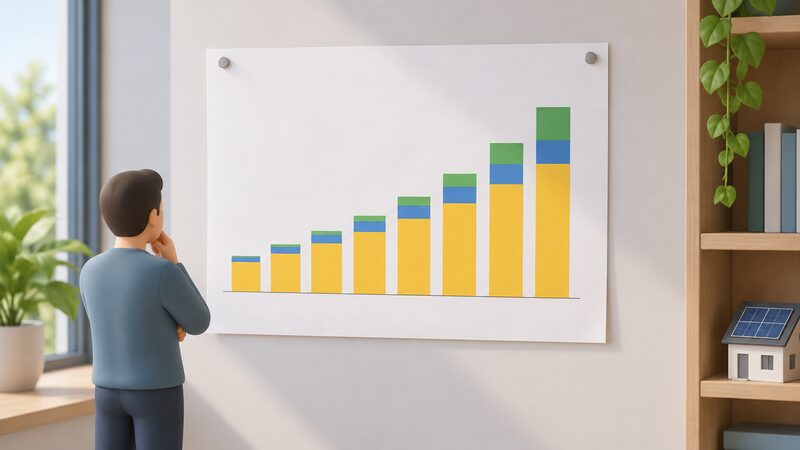 A printed chart sheet pinned on a wall showing annual certified installation totals as stacked plain colour bars, one bar per year rising left to right, with the largest segment representing solar and a small fast-growing segment for battery storage.