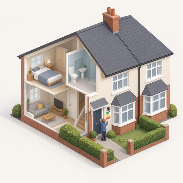 A modest UK semi-detached house shown in cutaway isometric view with a large Energy Performance Certificate document pinned beside its front door, a small simplified figure standing at the door holding the certificate as if arriving to assess the home.