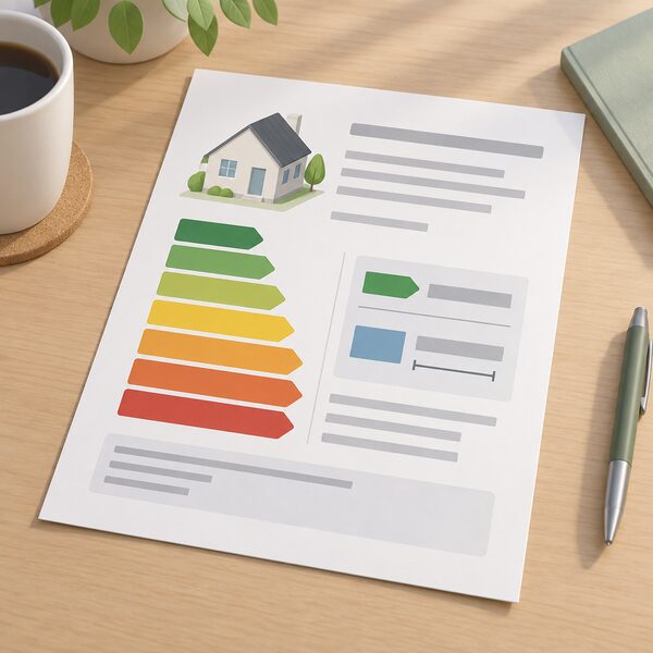 A reformed energy performance certificate as a physical document lying on a table, showing several rating bands as plain colour blocks side by side and a separate block pairing a modelled band with a measured consumption range, all content as blank lines and colour bands with no readable words or numbers.