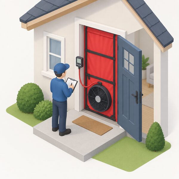 A technician stands at the open front doorway of a simple house, where a blower door fan sealed into an adjustable door frame is running, connected by a tube to a pressure gauge, while the tester records readings on a clipboard.