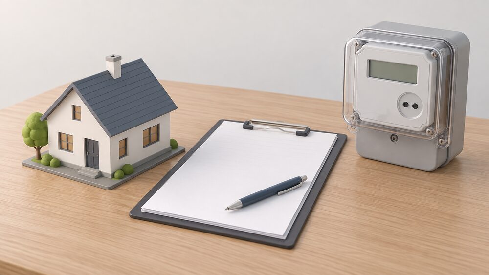 A small plain model house sits on a table beside a domestic electricity meter with its clear plastic cover, with blank paperwork and a clipboard arranged between them, suggesting a home's predicted energy use set against its metered consumption.
