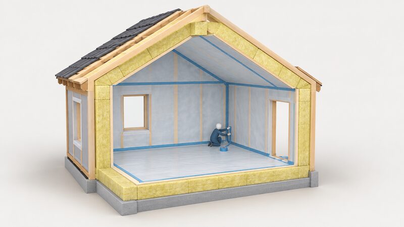 A partially built Passivhaus house shown in cutaway, with a continuous thick insulation layer wrapping the walls, roof and floor, and an airtightness membrane lining the inside of the timber frame, with a small figure taping a membrane joint at a wall corner.
