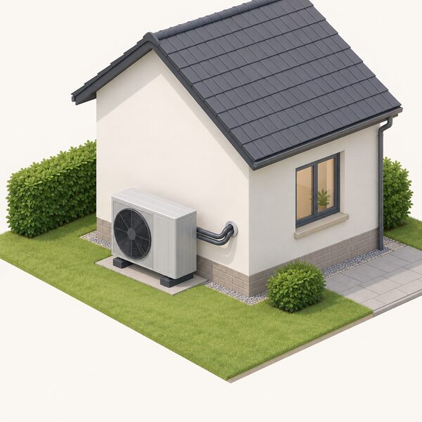 An air source heat pump unit mounted on the ground against the outside wall of a small house, with a visible pipe running through the wall into the home, drawn as a simple isometric exterior scene.