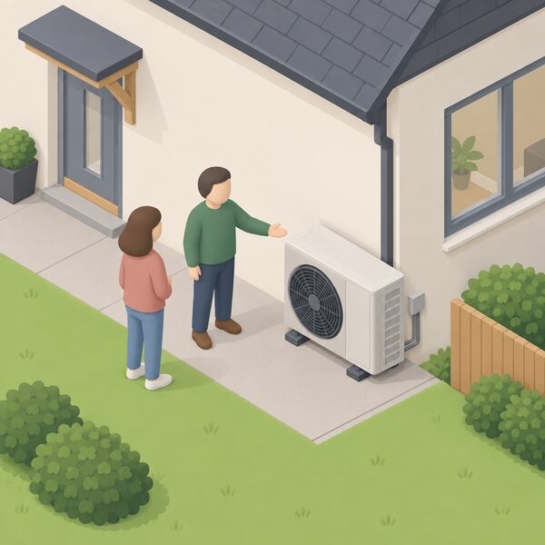 A homeowner gestures towards an outdoor air source heat pump unit beside the house wall while a visitor looks on, the two standing outside the property in a simple isometric scene showing lived experience being shared through a home visit.