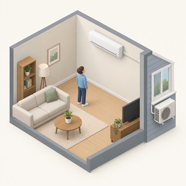 A simplified isometric living room with a slim air-to-air heat pump unit mounted high on an interior wall, its outdoor unit visible through the window on the outside wall connected by a refrigerant pipe run, with a small figure standing below looking up at the indoor unit.