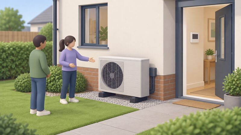 Outside a UK home, a heat pump owner gestures toward an air source heat pump outdoor unit on the ground against the exterior wall while a visitor looks on, with a simple indoor control panel visible through an open doorway.